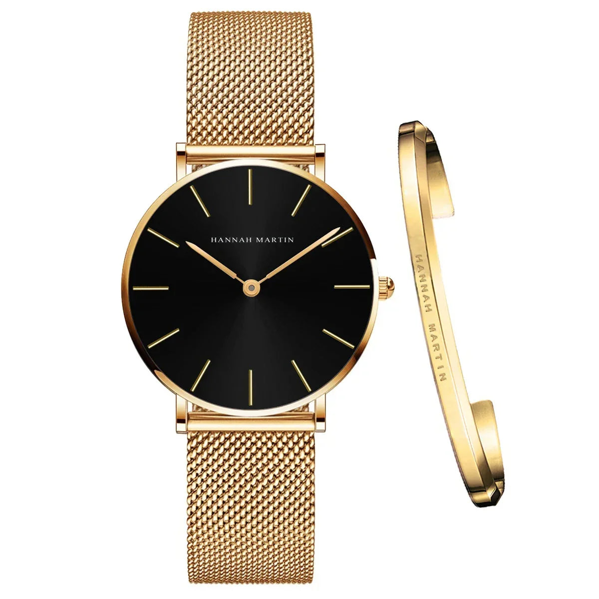 NNEOBA Women's Mesh Bracelet Watch Set (Black Gold)